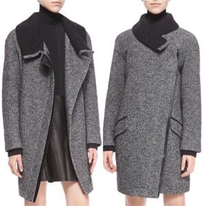 Vince Shawl Collar Asymmetrical Zip Wool Blend Lambskin Trim Tweed Ines Coat XS
